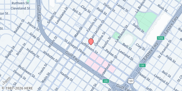Map showing Co-Cathedral of Sacred Heart at 1701 San Jacinto St., Houston, TX