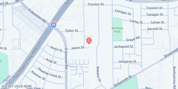 Map showing Evergreen Commons Apartments at 8484 Jason St, Houston, TX