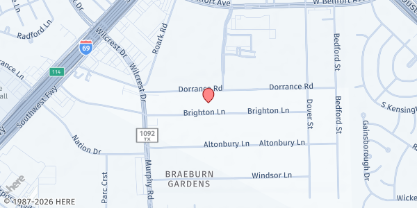 Map showing Fountain of Life Church of Christ at 10406 Brighton Ln, Houston, TX