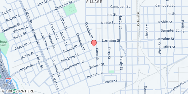 Map showing Gano Mission Center at 1815 Gano St., Houston, TX