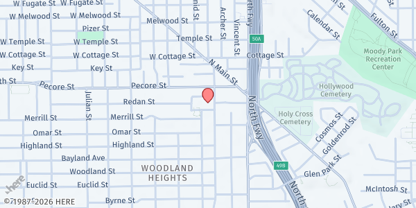 Map showing Heights Interfaith Ministries Food Pantry at 3523 Beauchamp St., Houston, TX