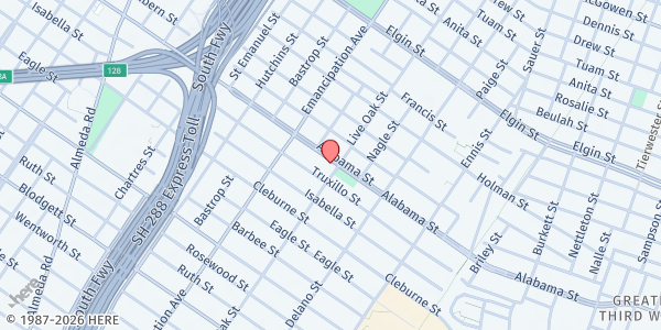 Map showing Houston Praise & Worship Center at 3802 Live Oak St., Houston, TX