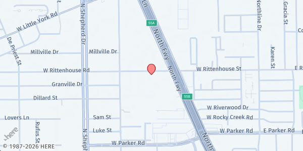 Map showing Iglesia Sendero De La Cruz at 513 W. Rittenhouse Rd., Houston, TX