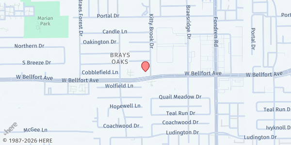 Map showing New Life SDA Church at 7800 W. Bellfort St., Houston, TX