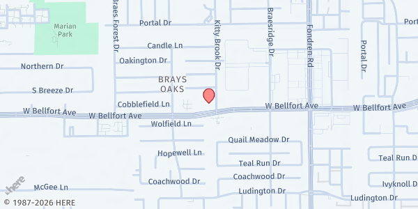 Map showing New Life Seventh-day Adventist Church at 7800 W. Bellfort St., Houston, TX