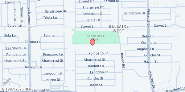 Map showing Notre Dame Catholic Church at 7720 Boone Rd., Houston, TX
