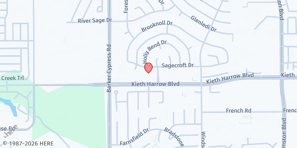 Map showing Nueva Vida Church at 18060 Kieth Harrow Blvd., Houston, TX