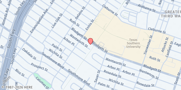 Map showing Pilgrim Community Center - Manna House Third Ward Food Pantry at 3118 Blodgett St., Houston, TX
