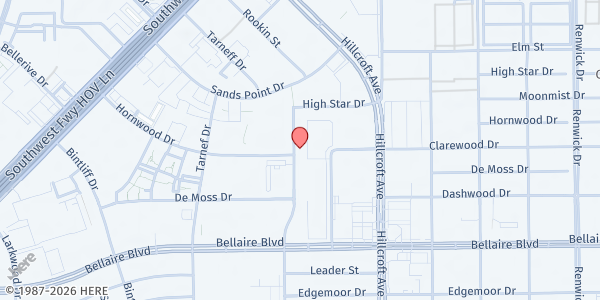 Map showing Servant of Nations at 6565 Rookin St., Houston, TX