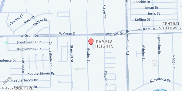 Map showing Southside Church of Christ at 13835 Buxley St., Houston, TX