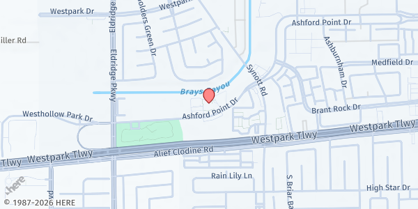 Map showing St. Justin Martyr Catholic Community at 13350 Ashford Point Dr., Houston, TX