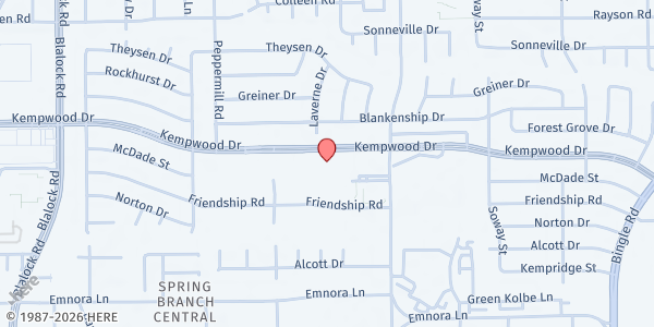 Map showing St. Vincent de Paul - St. Jerome Catholic Church at 8825 Kempwood Dr., Houston, TX