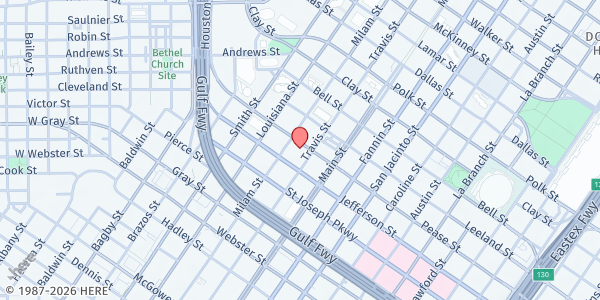 Map showing Tellepsen Family Downtown YMCA at 808 Pease St., Houston, TX