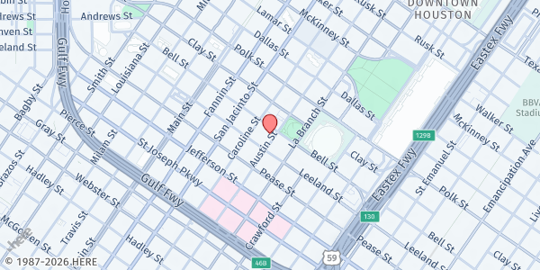 Map showing The Salvation Army - Greater Houston Area Command at 1500 Austin St., Houston, TX