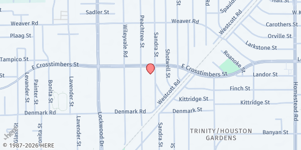 Map showing Trinity Gardens Church of Christ at 7725 Sandra St., Houston, TX
