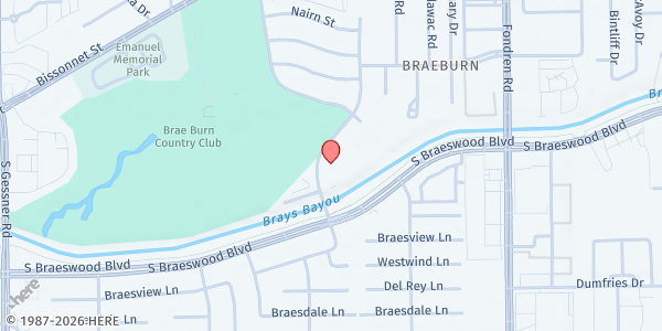 Map showing United African SDA Church at 9595 Braes Bayou Dr., Houston, TX
