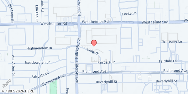 Map showing Unity of Houston at 2929 Unity Dr., Houston, TX