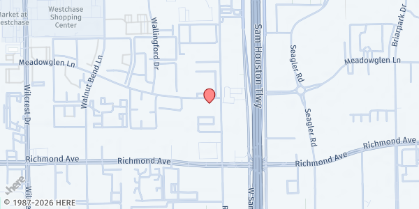 Map showing West Houston Assistance Ministries at 10501 Meadowglen Ln., Houston, TX