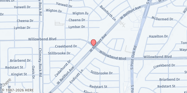 Map showing Willow Meadows Baptist Church at 4300 W Bellfort St, Houston, TX