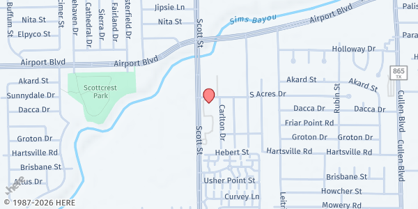 Map showing World Harvest Outreach SDA Church at 10800 Scott St., Houston, TX