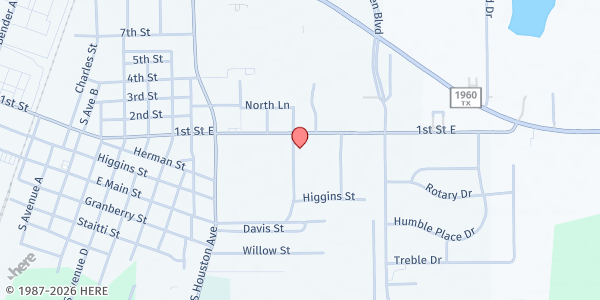 Map showing Humble Area Assistance Ministries at 1302 1st St. E., Humble, TX