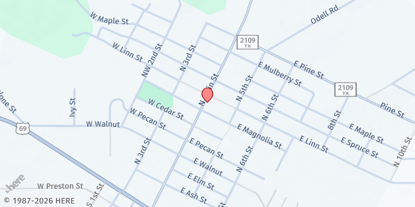 Map showing Huntington First Baptist Church at 702 N. Main St., Huntington, TX