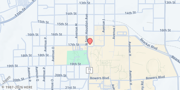 Map showing SHSU Food Pantry at 1108 17th St., Huntsville, TX