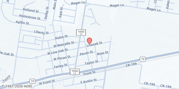 Map showing Hutto Resource Center Food Pantry at 204 E. Live Oak St., Hutto, TX