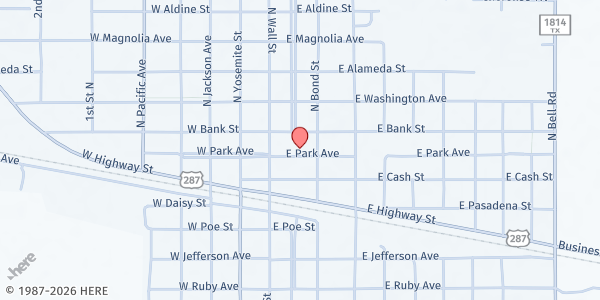 Map showing Iowa Park Ministerial Alliance at 201 E Bank St, Iowa Park, TX