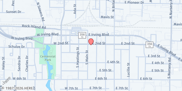 Map showing Crisis Ministries at 114 E. 2nd St., Irving, TX