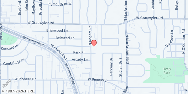 Map showing Irving SDA at 1300 N. Rogers Rd., Irving, TX