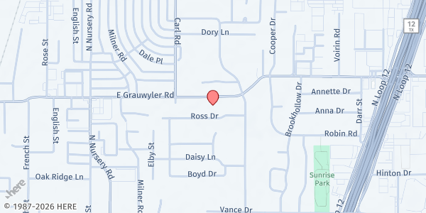 Map showing Living Springs SDA Ministries at 1424 E Grauwyler Rd, Irving, TX