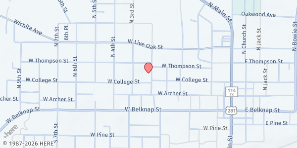 Map showing Jacksboro Community Food Pantry at 321 N 2nd St, Jacksboro, TX