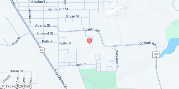 Map showing Our Lady of Sorrows at 1023 Corinth Rd., Jacksonville, TX