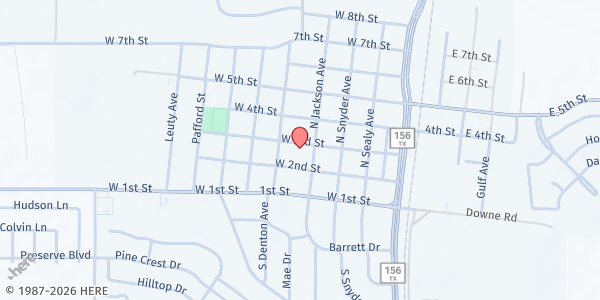 Map showing Justin Cares at 405 W. 3rd St., Justin, TX