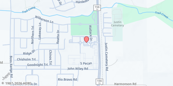 Map showing Justin Cares at 405 W 3rd St, Justin, TX
