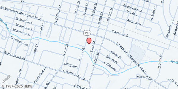 Map showing Christ Gospel Apostolic (in Word of Life Fellowship) at 200 S. Gray St., Killeen, TX