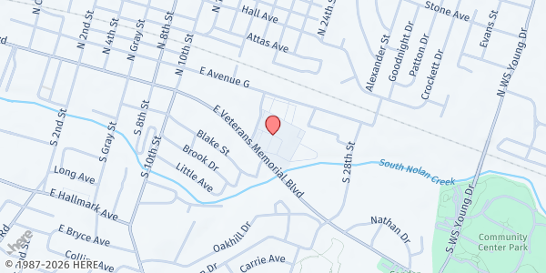 Map showing VA Clinic Killeen at 1001 East Veterans Memorial Boulevard, Killeen, TX