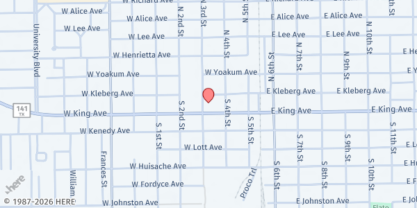 Map showing First Baptist Church - Kingsville at 312 W. King Ave., Kingsville, TX