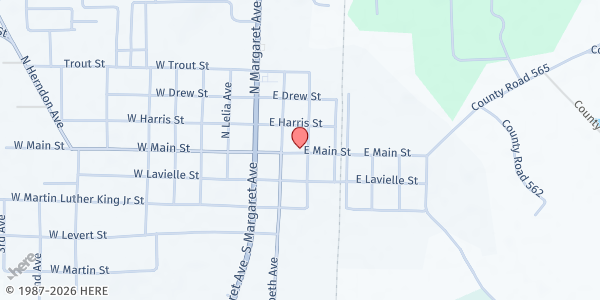 Map showing Kirbyville Christian Outreach at 218 E. Main St., Kirbyville, TX