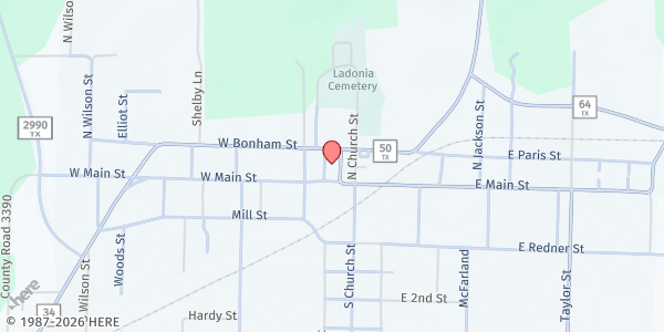 Map showing Feeding Fannin Ladonia - Ladonia Distribution Site at 100 Center Plaza, Ladonia, TX