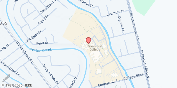 Map showing Brazosport College Student GatorMart at 500 College Blvd., Lake Jackson, TX