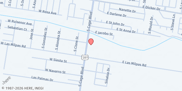 Map showing St. Frances Xavier Cabrini Catholic Church at 8001 S. Cage Blvd., Las Milpas, TX