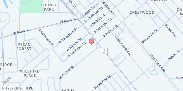 Map showing Helen Hall Library at 100 W. Walker St., League City, TX