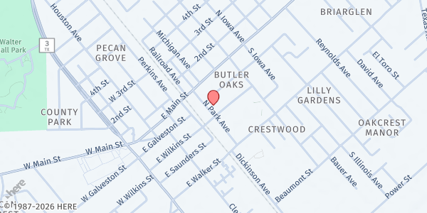 Map showing Interfaith Caring Ministries at 151 Park Ave., League City, TX