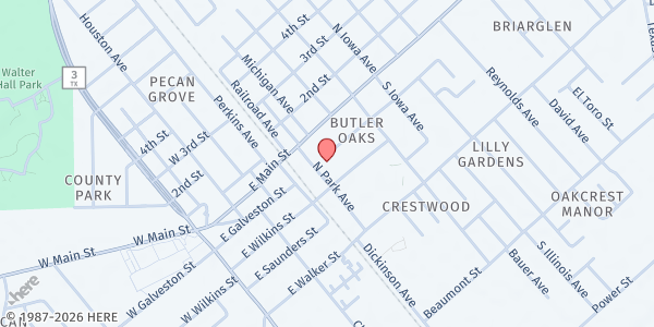 Map showing Interfaith Caring Ministries (ICM) - League City at 151 Park Ave., League City, TX