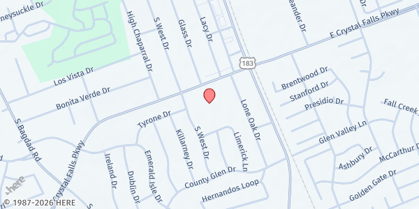 Map showing Leander Church of Christ (Brighter Days) at 300 Crystal Falls Parkway, Leander, TX