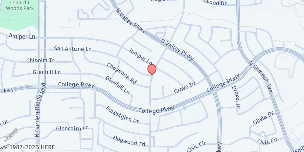 Map showing Open Harvest Ministries at 1301 S. Old Orchard Ln., Lewisville, TX