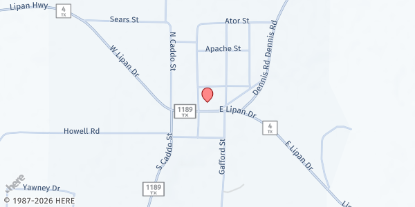 Map showing Lipan Community Food Pantry at 106 Apache Street, Lipan, TX
