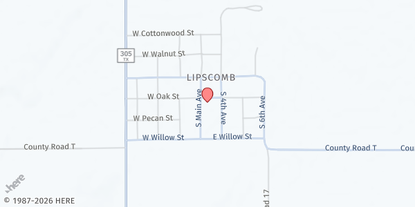 Map showing United Methodist Church - Lipscomb County Pantries (Main Location) at 100 S Main, Lipscomb, TX
